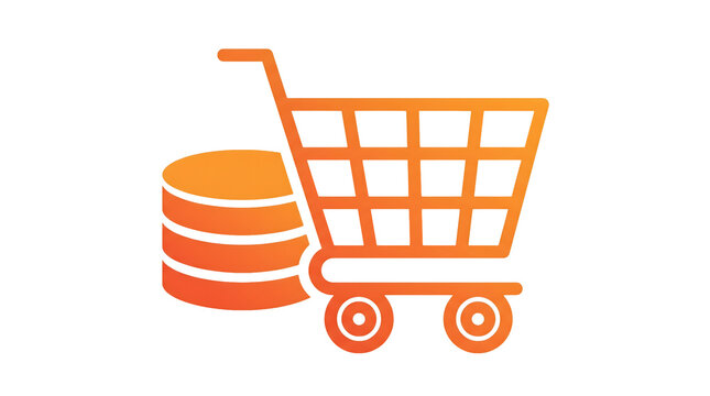 Orange shopping cart with stacked coins icon on white background