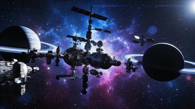 Futuristic space station orbiting ringed planets within a glowing nebula and starry cosmic background for science fiction themes