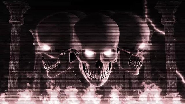 Glowing Skulls Gothic Pillars and Fire storm Horror VJ Loop