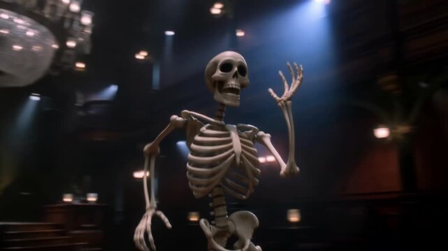 Skeleton dancing in dark ballroom during Halloween party. Animated bony character performing dance moves with expressive gestures under dramatic lighting in room