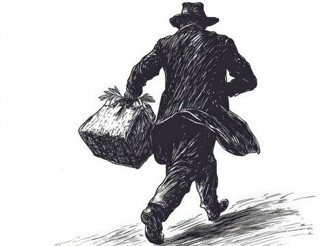 A hurrying figure carrying a package in a fast-paced scene.