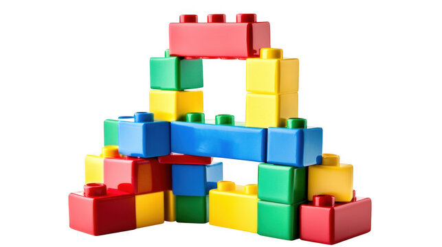 Colorful plastic building blocks constructed into a miniature archway structure isolated on a clean transparent background.