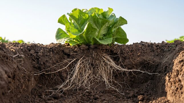 Underground root ball of mature lettuce head in garden soil