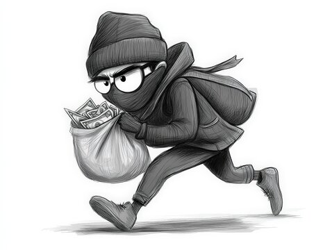 A grayscale illustration of a thief running with a money bag.