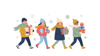 Fototapeta premium Group of children walking outdoors carrying wrapped holiday gifts.