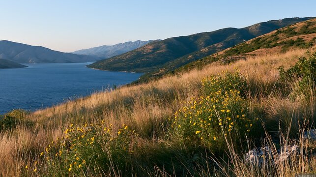 Croatian meadow above Adriatic coast during sunset