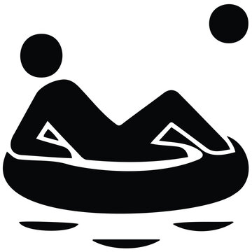 Icon showing a person relaxing on an inflatable tube floating on water under the sun.