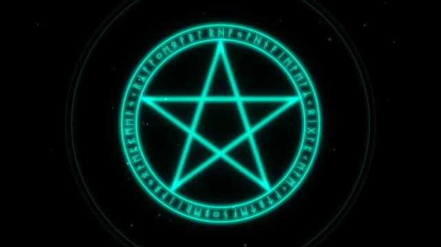 Turquoise neon pentagram magic circle drawn in one continuous stroke by a moving light, then igniting with expanding wave rings and glowing runes on black in 4k