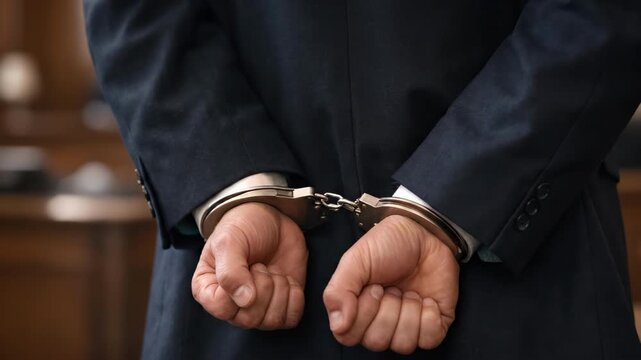 Close up of arrested man in formal suit standing with hands handcuffed behind back during court trial, white collar crime, suspect in handcuffs, legal sentence, justice concept shot in courtroom
