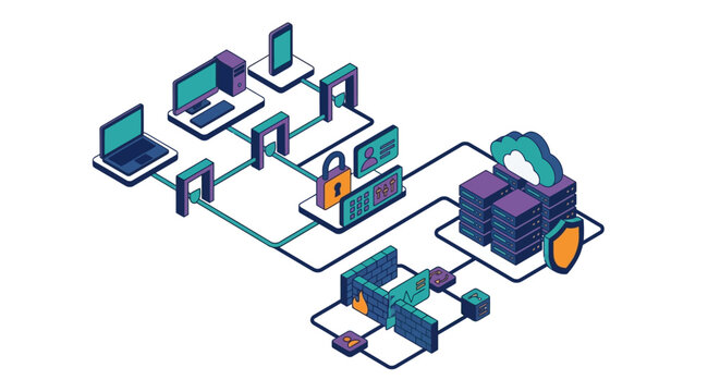 Network Security Diagram Isometric Illustration Connecting Devices Cloud and Data Servers