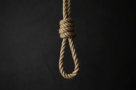 Close-up of a hanging noose against a dark backdrop.