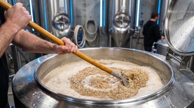 Professional brewer stirring malt mash in a stainless steel kettle during the beer brewing process.