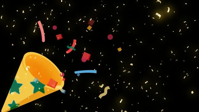Party popper cone shoots colorful confetti shapes and shiny golden dust across a dark black background.
