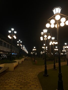 Bicentennial Park street lights at night in Vigan City, Ilocos Sur, Philippines 