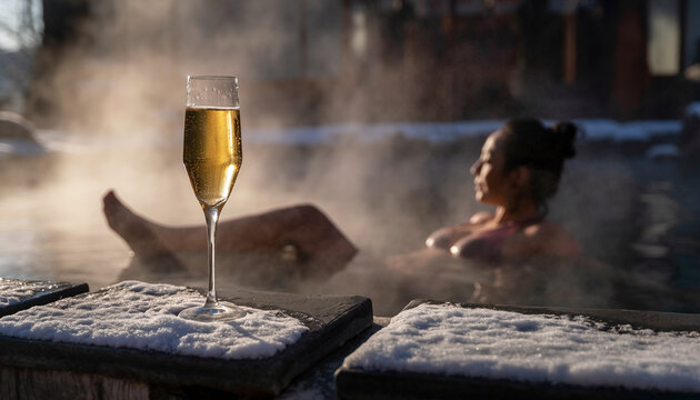 Champagne Flute by the Outdoor Pool with Woman Relaxing in Steamy Hot Water During Winter
