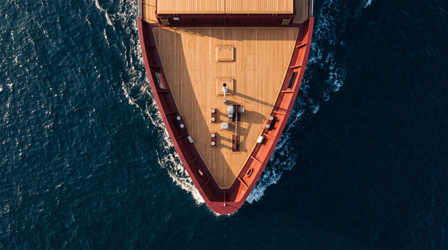 Top view of burgundy ship bow with wooden deck
