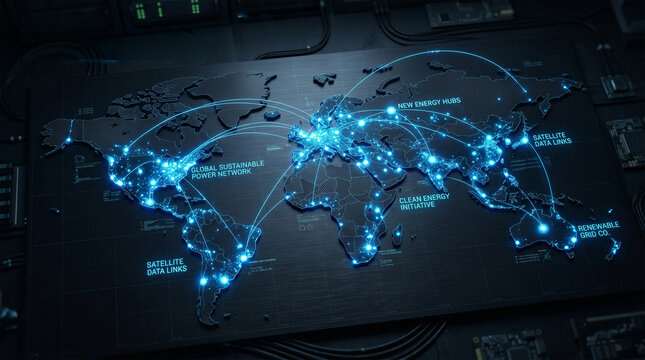 Dark futuristic world map with glowing blue energy nodes and data lines.