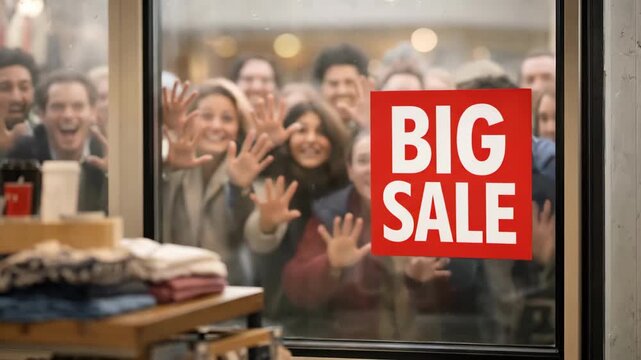  Busy store window scene: shoppers behind glass reacting to a Big Sale sign, smiling, pointing, and waving as bargains beckon; a dynamic, candid portrait of retail excitement and anticipation during a
