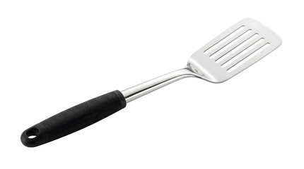 Metal slotted spatula with a black handle isolated on white background © Saad