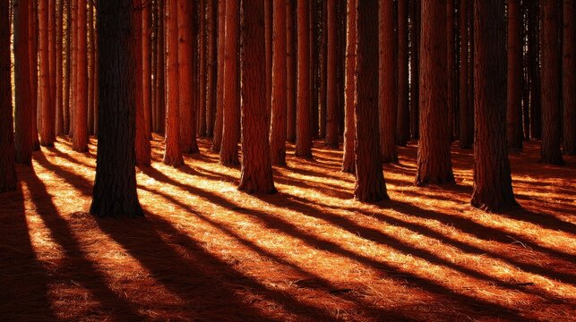 Sun-dappled pine forest floor with warm sunlight casting long shadows through tree trunks