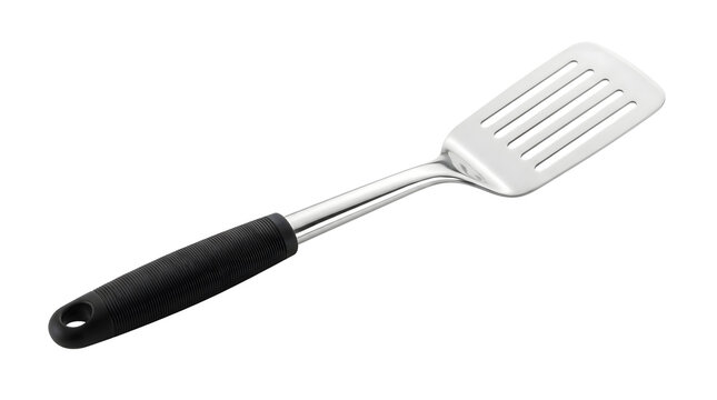 Metal slotted spatula with a black handle isolated on white background