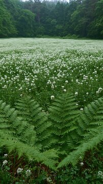 Nara summer meadow with fern foreground and flowering plants