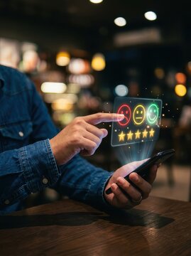 Customer Service Feedback Concept with Man Giving Negative Rating on Smartphone Holographic Interface in Cafe