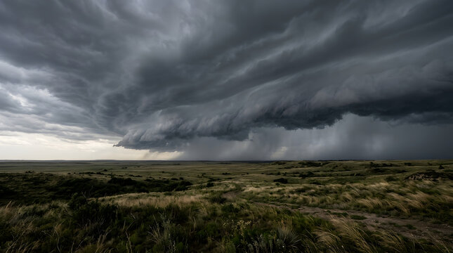 Dramatic shelf cloud formation over a vast grassy landscape during a severe thunderstorm.