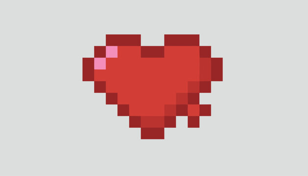 Retro pixel art red heart icon isolated on a light gray background representing video game health and love symbols.