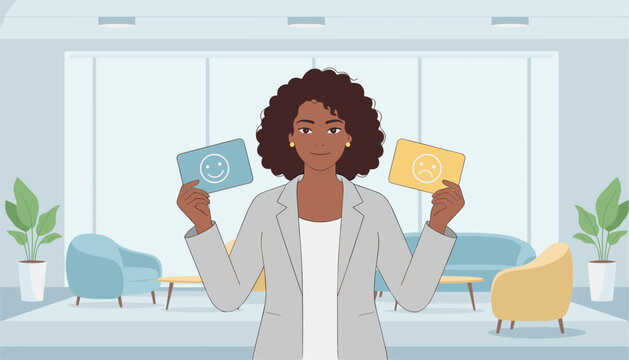Professional woman holds up blue smiley and yellow frowny sentiment cards while standing in a bright office lounge area with modern decor.