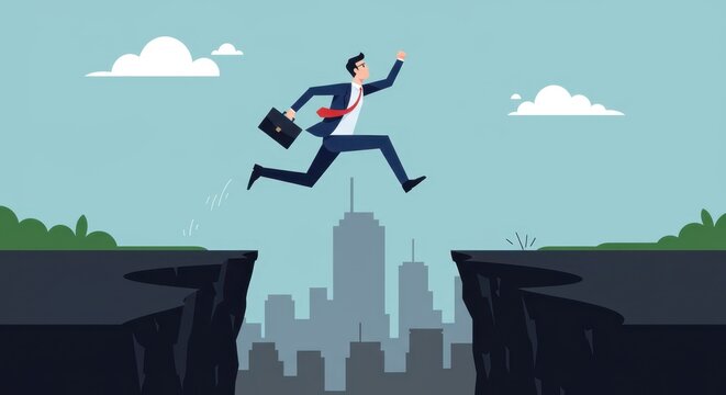Businessman jumping over cliff in cityscape background