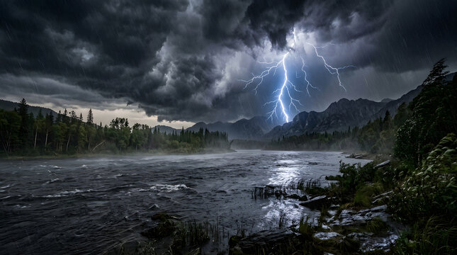 Dramatic lightning strike over a dark river flowing through a forested mountain landscape during a storm.