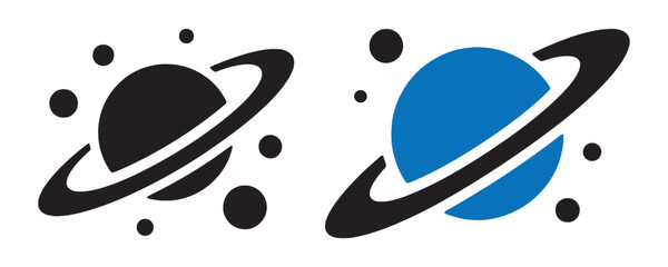 Planet with rings and stars black and blue space icons cosmic objects astronomy graphic. © Akibuzzaman