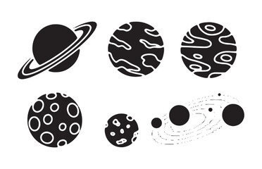 Detailed planet icons featuring gas giants rocky worlds craters and solar system orbit trajectory. © Akibuzzaman