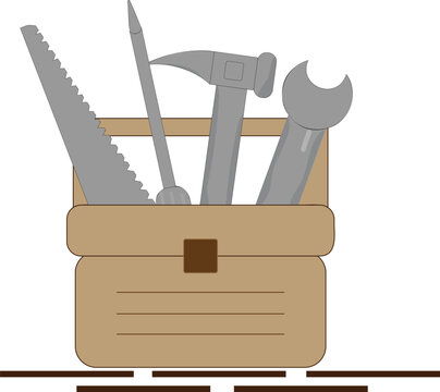 Toolbox with working construction tools hammer saw wrench and screwdriver illustration
