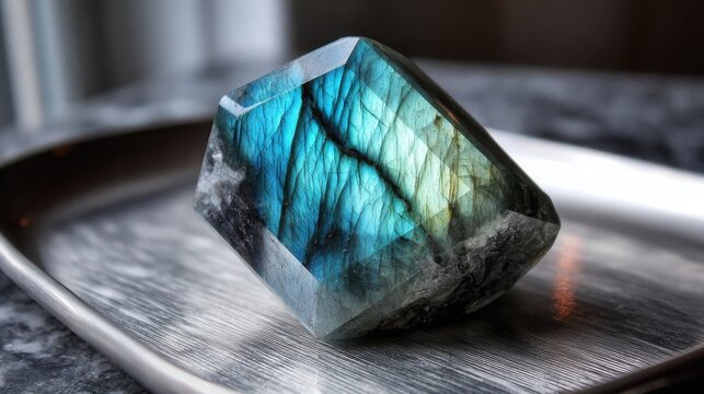 Intensely Blue and Green Faceted Labradorite Gemstone Showcasing Iridescent Shimmer and Natural Veins
