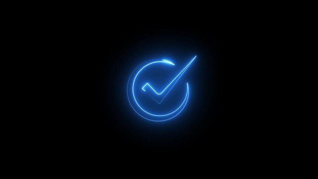 neon tick mark icon with circle animation true sign animation check mark button and circle success, approved concept on black background