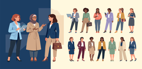 Obraz premium Business woman, office workers. Busy persons, modern business people set, diverse female office workers with laptop, tablet, phone and bag. Flat cartoon vector illustrations isolated on white