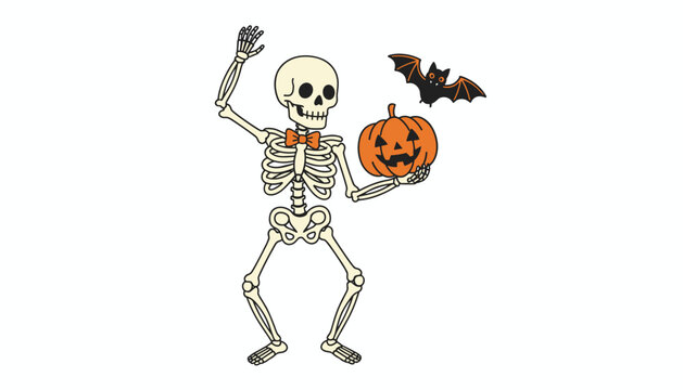 Spooky white skeleton wearing a bow tie waves while holding a carved pumpkin as a small black bat flies in the air against a plain white background area.