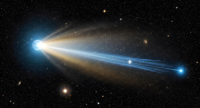 Meteorite shooting through star field with dual color light trail.