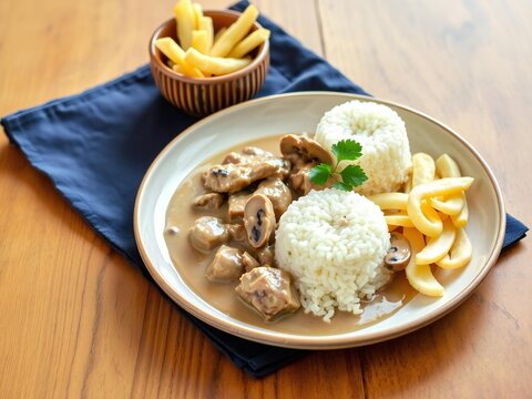 Beef stroganoff with mushroom sauce served with white rice and crispy french fries on a wooden table