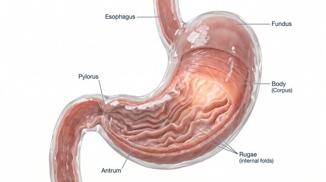 Human stomach anatomy diagram. Cross section showing esophagus, pylorus, antrum, rugae, body, and fundus with text labels. Educational medical 3D illustration on white background.