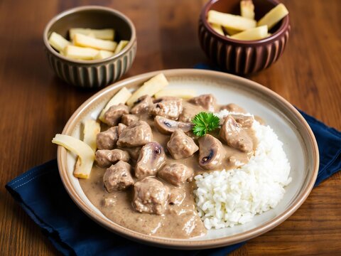 A plate of beef stroganoff with white rice and crispy fries on a wooden table