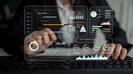 A project management dashboard with business performance analytics. A visualization of project...