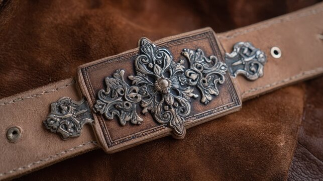 Ornate silver-plated metal clasp with intricate decorative detailing on a leather belt strap, showcasing exquisite craftsmanship.