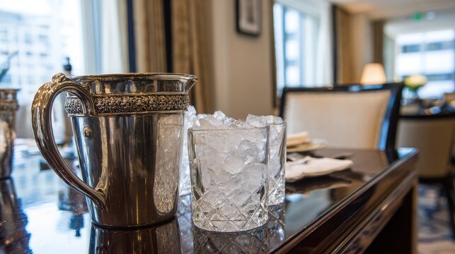 Two clear cut glasses filled with crushed ice water beside a silver metallic pitcher on a polished table