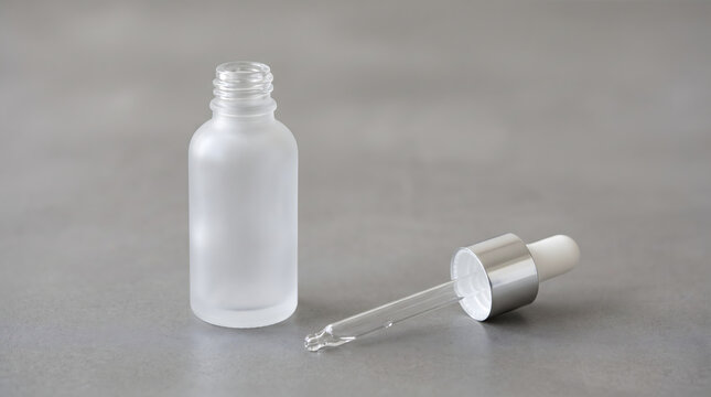 Frosted glass dropper bottle open beside a pipette on a neutral surface