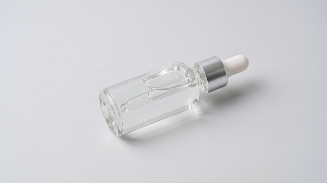 Clear glass dropper bottle containing transparent cosmetic oil or serum