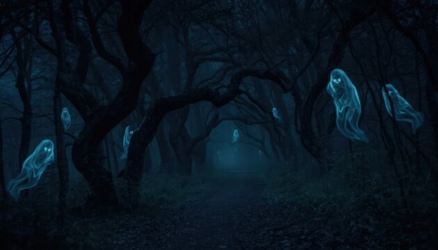 Ethereal glowing ghosts floating through a dark misty forest with twisted trees during a spooky night