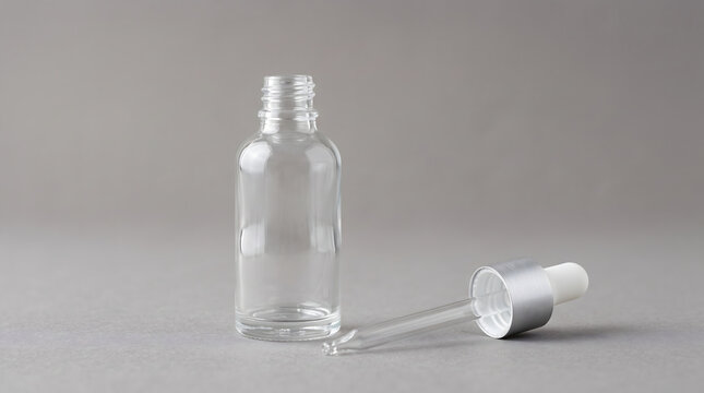 Empty glass dropper bottle and pipette lying next to it on a smooth surface